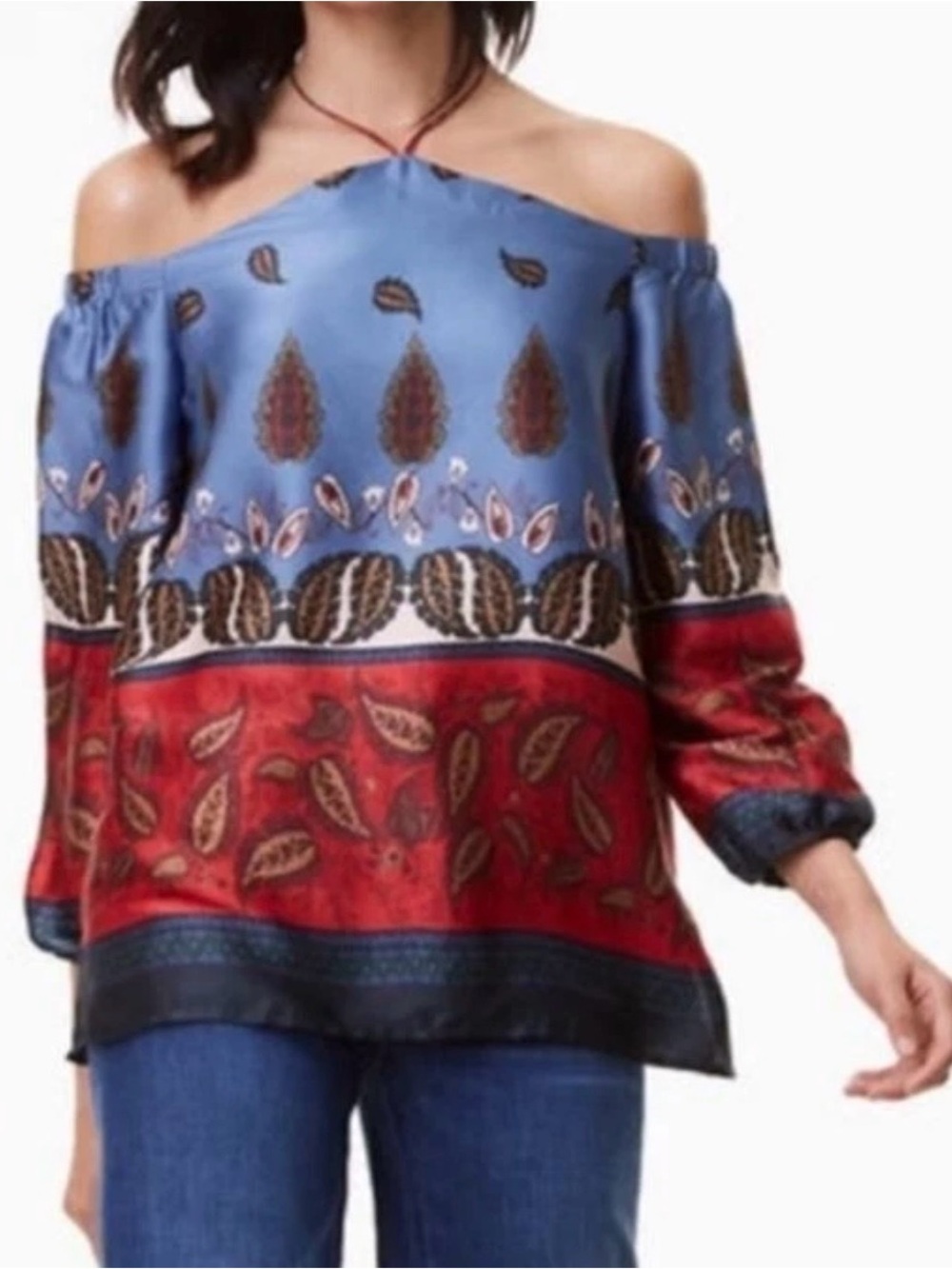 LOFT Paisley Blouse in Blue and Red, Off-Shoulder with Tie Neck